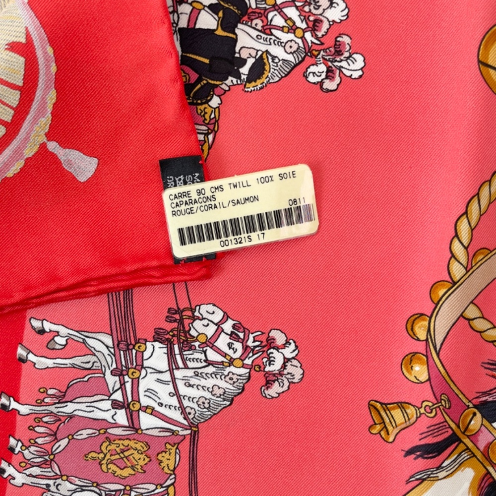 NWT Auth Hermès Carré 90 "Caparacons" in Red and Salmon - Picture 5 of 9